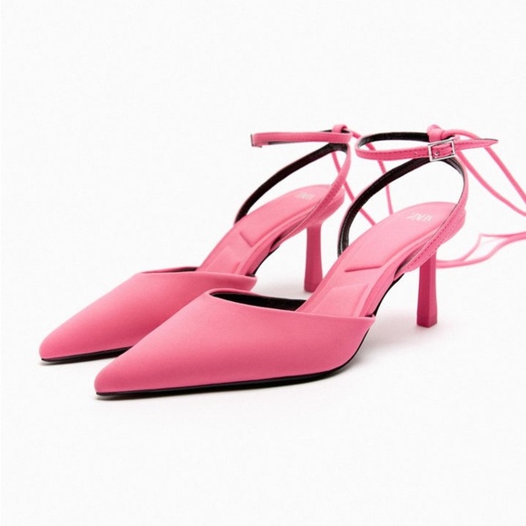 NWT. Zara Pink Heeled Fabric Slingback Shoes. Size 6,5. - Picture 2 of 6